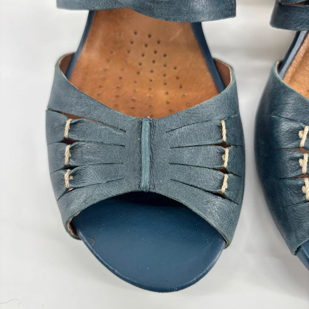 Clarks Artisan Kyna Womens Blue Leather Strappy Espadrille Wedge Sandal 7.5 Boho